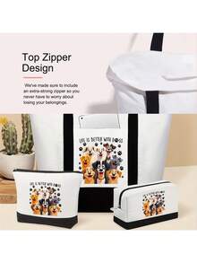 حقيبة تسوق نسائية بتباين الأبيض والأسود مع جيب، طباعة 8 كلاب ضاحكة، الحياة أفضل مع الكلاب، بسحاب، حقيبة بألوان متباينة، حقيبة صغيرة بألوان متباينة، حقيبة تسوق محمولة باليد، حقيبة تسوق أبيض وأسود، حقيبة تسوق بألوان متباينة، تخزين طعام الكلاب، حقيبة تسوق للتنقل، حقيبة تسوق سعة كبيرة