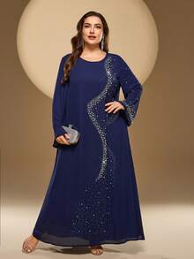 Plus Size Women's Solid Color Round Neck Long Sleeve Arabic Dress, Embellished With Rhinestones, Beads, And Wave-Shaped Studs (Handmade, Random Density Of Studs And Rhinestones) Spring - Royal Blue - View 4
