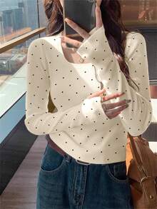 Cute Scoop Neck Polka Dot Sweater For Women, Apricot Color, Long Sleeve Pullover Top For Christmas & New Year, Autumn/Winter