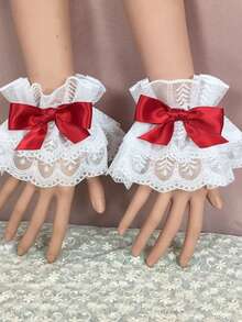 Lace Ruffle Bow Decor Wrist Cuffs, Multi-Color, Maid Costume, Wedding Party Summer - Multicolor - View 9