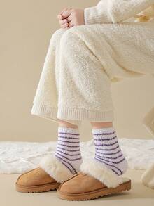 5 Pairs Of New Autumn And Winter Coral Fleece Socks, Non-Pilling, Warm Color Stripes, Anti-Slip Silicone, Thickened Floor Socks, Sleeping Socks