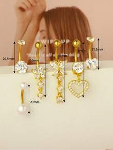 6pcs Dangle Belly Button Rings Piercing Jewelry For Women Stainless Steel Dangling 14g Belly Ring Pack With Heart Navel Piercing Body Jewelry Valentines,Mom,Mother,Mother's Day,Gift