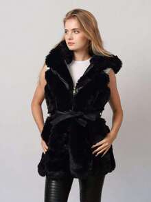Gilet en fausse fourrure noire pour femme avec ceinture – Élégant et chaud, vêtement d'hiver de luxe sans manches - Noir - Voir 8
