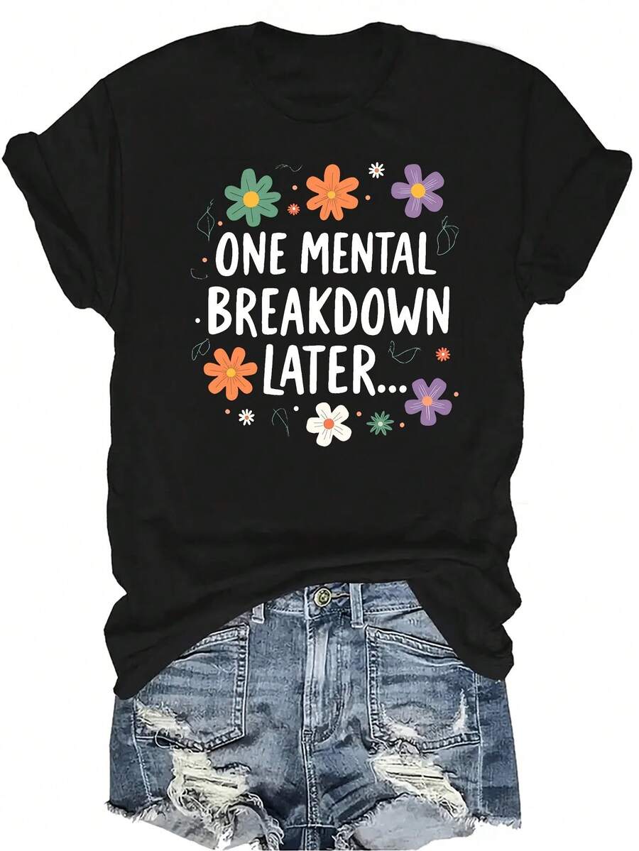 [Camiseta de Moda Casual] Camiseta de Mujer Suave y Cómoda - Arte Floral de Colapso Mental Casual de Manga Corta Cuello Redondo, Regalo Perfecto para Abuela y Mamá, Uso Casual de Primavera Verano - Negro - Ver 1