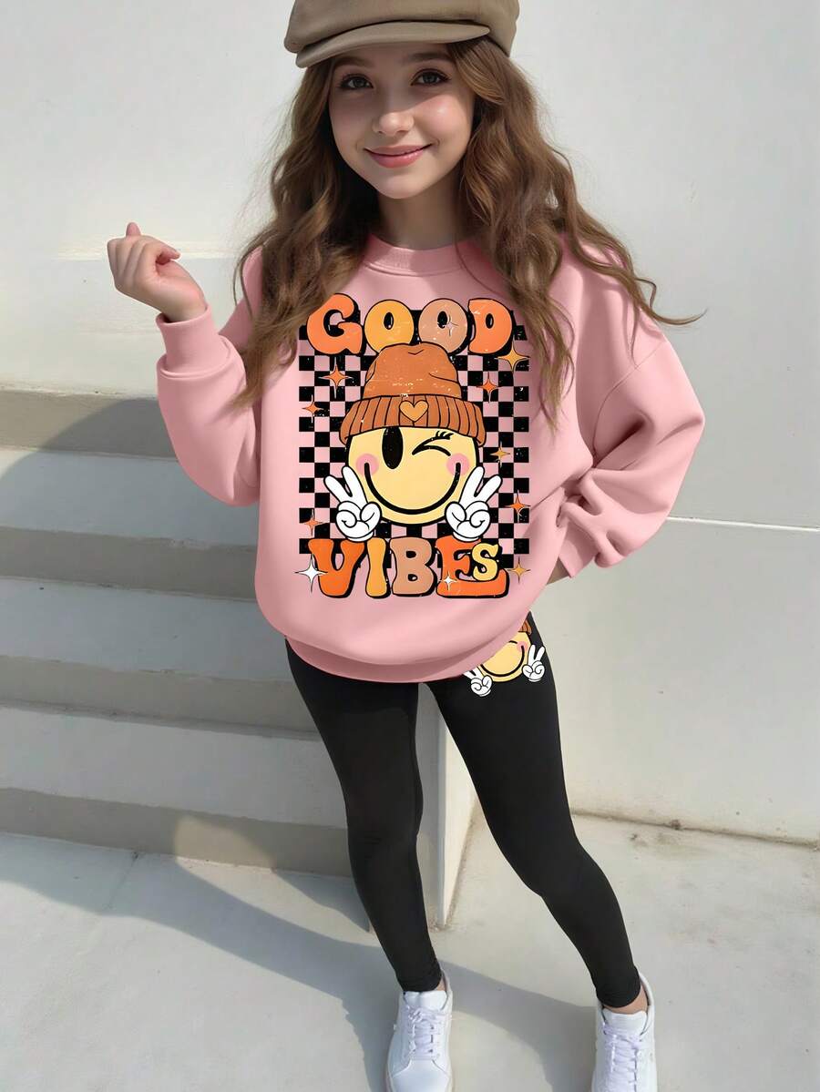 2 Stücke Set Mädchen Fun Muster Sweatshirt & Leggings Set, hautfreundlich, täglicher Schul-Frühjahrs- und Herbstbedarf - Pink - Übersicht 1