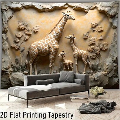 1pc Large Size 2D Giraffe Landscape Photo Digital Printing Tapestry, Polyester Fabric Art For Living Room Bedroom Party Decor, Includes Free Hanging Clips For Wall Decoration