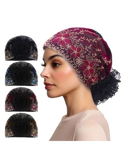 1 pieza Pañuelo de cabeza con encaje calado y diseño floral, gorro interior, turbante brillante, gorra para el cuidado del cabello