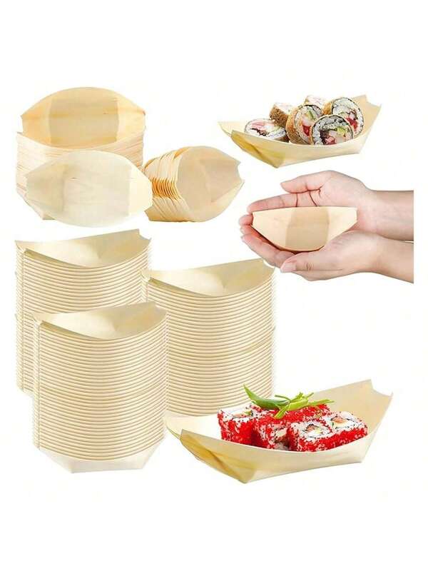 100/200 piezas Platos en forma de barco de madera de 14 cm, Bandejas para barcos de sushi, Platos en forma de barco para aperitivos, Bandejas de servir sushi y aperitivos, Vajilla de madera, Vajilla desechable, Suministros para fiestas, Bandejas para catering, Adecuado para restaurantes, hogar, vacaciones, bodas hawaianas, platos navideños
