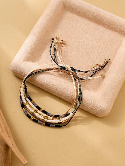 6件套女士波西米亚风格彩色玻璃串珠可调节手链