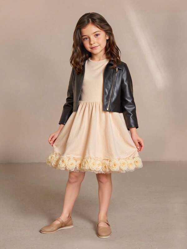 Anewsta Chaqueta casual de motocicleta de manga larga con cremallera delantera de unicolor de piel de PU para niña, adecuada para la escuela, fiestas y salidas