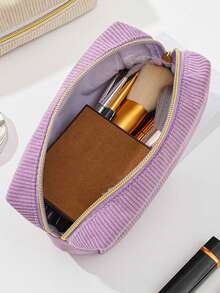 1pc Corduroy Zipper Pencil Case, Striped Design Pen Bag, Daily Small Items And Student Stationery Storage, Women's Cosmetic Pouch, Pen Organizer Bag, Back To School Essential Gift, School Supplies (Black)