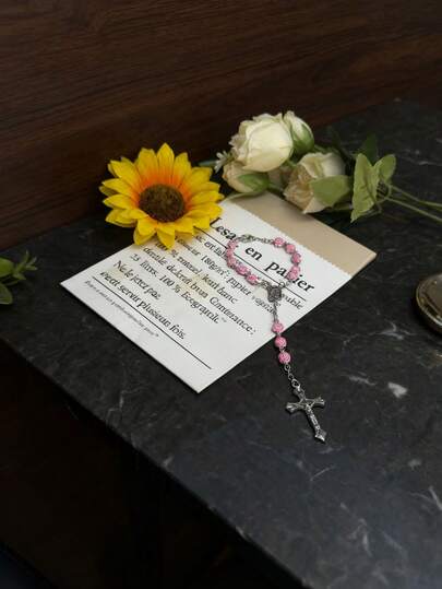 1 buc ornament cruce cu mărgele roz trandafir, decor elegant pentru oglinda retrovizoare agățată