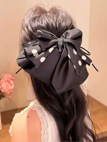 1pc Black & White Polka Dot Bow Ribbon Claw Clip, Fashionable Versatile Elegant Hair Accessory Suitable For Daily Wear, Casual, Party, Commute, Vacation, Washing Face, Makeup, Outfit Matching Winter Hair Clutch Elegant Hair Clips