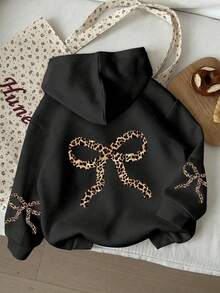 Retro Leopard Print Bow Design, Plus Size Women's Casual Black Long-Sleeved Regular Model Hooded Sweatshirt, Suitable For Daily Wear, Going Out, Party, School, Attending Music Festivals, Vacation, Commuting. Can Be Given As A Gift To Family, Boyfriend, Girlfriend, Friends, Girls Winter Clothes, Essentials Sweatshirt