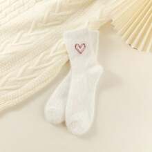 5 双秋冬女士心形刺绣貂皮毛绒袜子，加厚毛绒可爱睡眠/舞蹈中筒袜