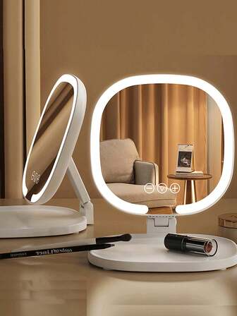 Foldable LED Makeup Mirror With Lights, Portable, Compact, Suitable For Students Dorm, Tabletop, High Definition, Smart