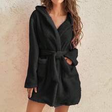 2025 New Arrival Hot Selling European & American Imported Autumn/Winter Hooded Plush Sleepwear, Solid Color Warm Bathrobe For Women - Multicolor - View 4