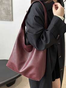 Bolso de hombro de mujer de gran capacidad y unicolor vintage, bolso cruzado multifuncional, bolso de hombro de mujer, bolso cruzado de gran capacidad, bolso de trabajo casual - Burdeos - Ver 7