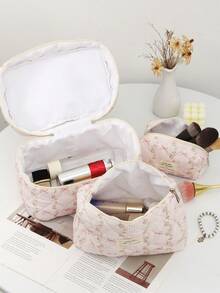 1 Piece Quilted Makeup Bag With Aesthetic Floral Design For Business Trip Toiletries, Featuring A Zipper Closure. It Is Suitable For Storing Lipsticks, Brushes, Skincare Products, Mobile Phones, Coins And Various Small Items, And Ideal For Home Use And Travel. Travel Essentials Holiday Vacation Makeup Organizer Travel Bag For Women