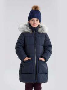 SOLOCOTE Tween Girls' Padded Coat, Mid-Length, Thick Thermal Lined, Warm For Winter - Navy Blue - View 2