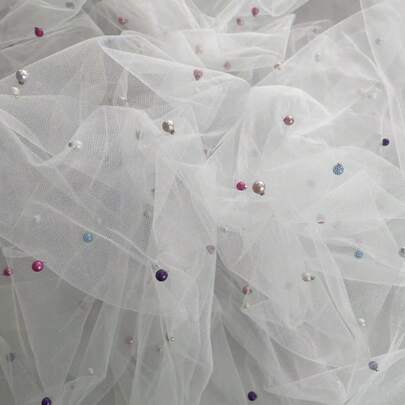 Tulle Fabric With Colorful Pearls, Soft Sheer Fabric In Multiple Colors For Wedding Arch, Party, Baby Shower, Birthday, Veil, Dress And Home Decor