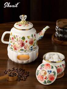 shoxil 1pc玫瑰珐琅茶壶水壶大容量茶壶燃气电磁炉通用桌面摆件搪瓷茶壶 - 玫瑰搪瓷壺 - 查看 4