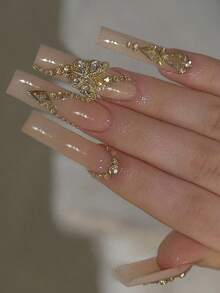 24pcs Long Coffin Shaped Luxury French Manicure Nail Stickers, Black & Gold Glitter Design With 3D Pearl Decor, Suitable For Women & Girls To Wear For Parties, Galas Or Daily Use - 多色 7 - 查看 2
