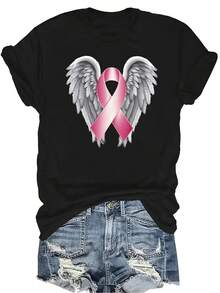 [Camiseta de Moda Casual] Camiseta suave y cómoda para mujer - Camiseta de cuello redondo de manga corta con alas de ángel y cinta rosa, regalo perfecto para la abuela y la mamá, uso casual de primavera y verano - Negro - Ver 1