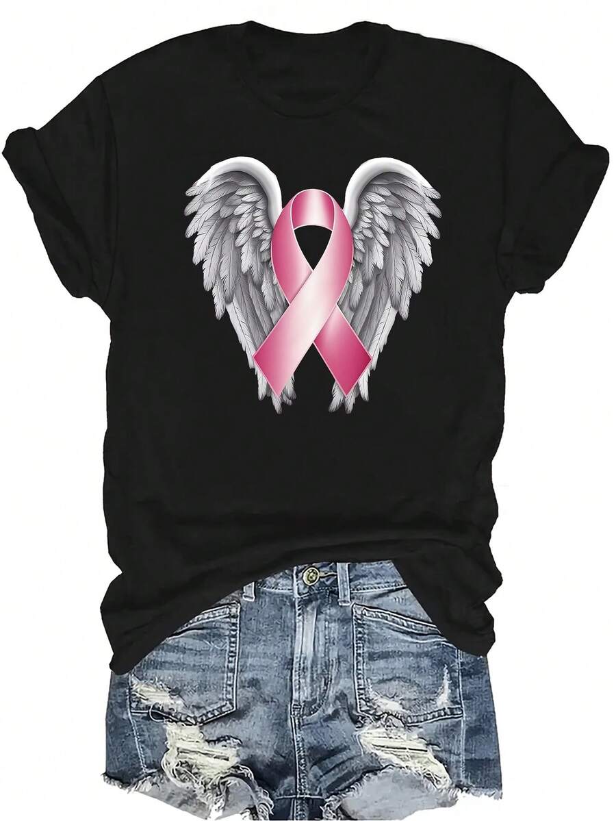 [Camiseta de Moda Casual] Camiseta suave y cómoda para mujer - Camiseta de cuello redondo de manga corta con alas de ángel y cinta rosa, regalo perfecto para la abuela y la mamá, uso casual de primavera y verano - Negro - Ver 1