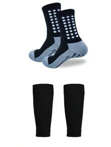 1 Set Grey Football Non-Slip Socks + Leg Sleeves, Thick Wear-Resistant Odor-Resistant Sports Cycling Socks