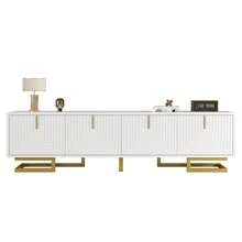 TV Cabinet, Base With Structured Doors, TV Cabinet, Golden Handle And Golden Legs - White + Particle Board - View 1