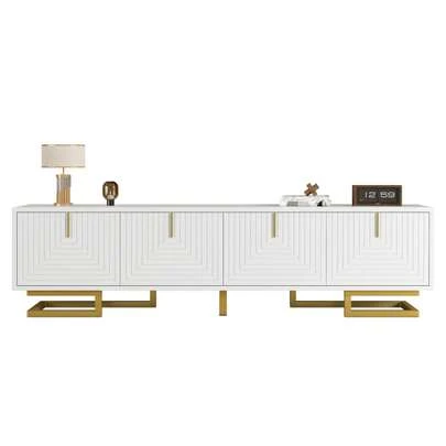 TV Cabinet, Base With Structured Doors, TV Cabinet, Golden Handle And Golden Legs