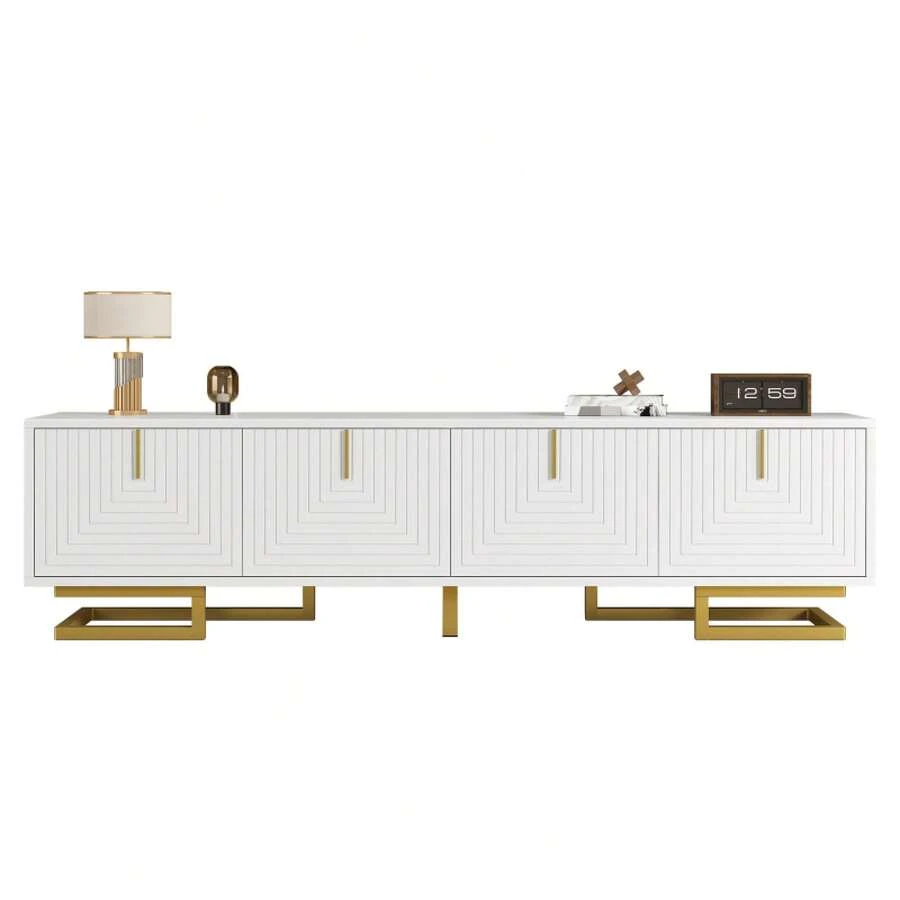 TV Cabinet, Base With Structured Doors, TV Cabinet, Golden Handle And Golden Legs - White + Particle Board - View 1
