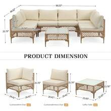 7-Piece Patio Furniture Set, Outdoor Wicker Conversation Set Sectional Sofa With Waterproof Thick Cushions & Coffee Table, For Backyard, Poolside, Garden, Porch, Yellow/Beige - Vàng/Be - Xem 3