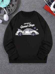 Men's Casual Vintage Car Graphic Crewneck Sweatshirt - Heather Gray Retro Old Car Shop Design, Regular Fit Round Neck Pullover For Automotive Enthusiasts, Car Themed Shirts, Everyday Comfort, Durable Casualwear,Fall Hoodies,Men's Fall Clothes,Street Wear,Halloween,Mens Hoodies,Y2k Clothes,Jesus Hoodie,Thanksgiving Day,Nightmare Before Christmas,Christmas - Black - View 1