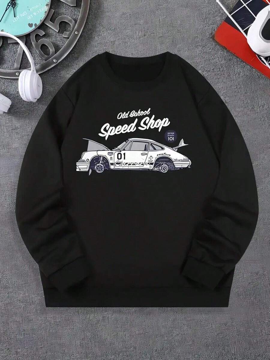 Men's Casual Vintage Car Graphic Crewneck Sweatshirt - Heather Gray Retro Old Car Shop Design, Regular Fit Round Neck Pullover For Automotive Enthusiasts, Car Themed Shirts, Everyday Comfort, Durable Casualwear,Fall Hoodies,Men's Fall Clothes,Street Wear,Halloween,Mens Hoodies,Y2k Clothes,Jesus Hoodie,Thanksgiving Day,Nightmare Before Christmas,Christmas - Black - View 1