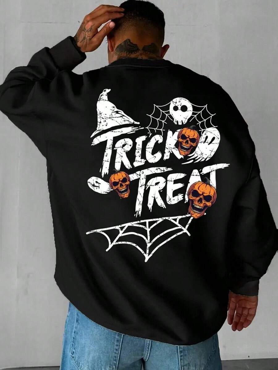 Men'S Halloween Trick Or Treat Graphic Sweatshirt - Cozy Long Sleeve Crewneck Pullover With Spider Web & Skull Design, Black Casual Streetwear For Fall-Winter, Perfect Gift Idea, Halloween Clothes, Comfortable Clothing,Fall Hoodies,Men's Fall Clothes,Street Wear,Halloween,Mens Hoodies,Y2k Clothes,Jesus Hoodie,Thanksgiving Day,Nightmare Before Christmas,Christmas - 黑色 - 查看 1