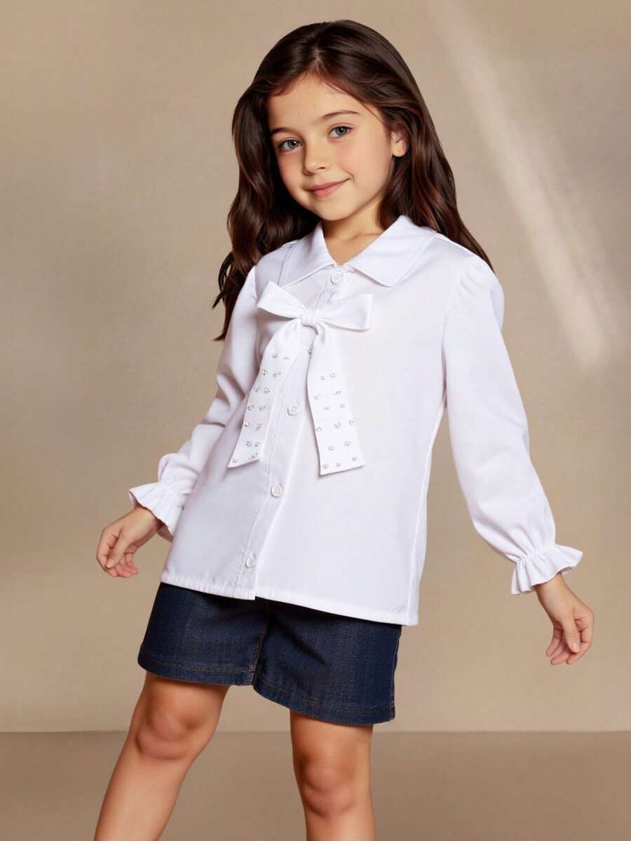 SHEIN Young Girl Elegant Fashionable Minimalist Collared, Puff Sleeve, Fitted, Solid Color, Detachable Pearl Bow Casual Blouse, Spring & Autumn - White - View 1