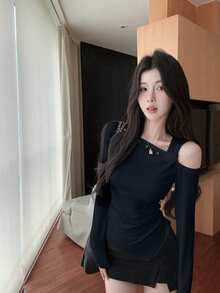 韩版不对称肩长袖T恤上衣，春季款 - 黑色 - 查看 3