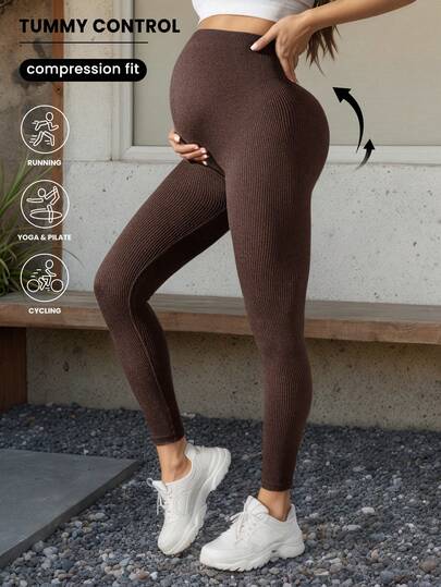 Pantalones casuales de cintura alta acanalados y ajustados de unicolor para maternidad