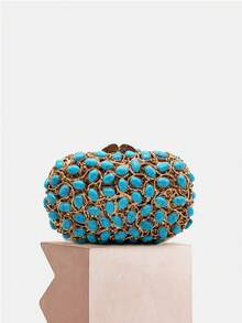 Luxury Turquoise Stone Crystal Evening Clutch Bags,Rhinestone Elegant Clutch Purses For Bride Wedding,Turquoise Synthetic Agate Stone Handbags For Formal Party&Prom Events,Best Gifts For Her With Box - 綠色 - 查看 1