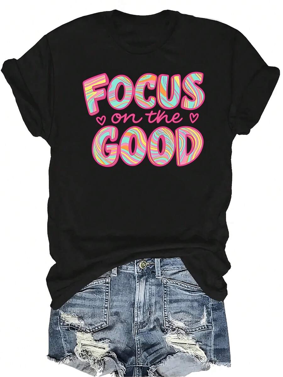 [Camiseta de Moda Casual] Camiseta de Mujer Suave y Cómoda - Enfoque en la Buena Vibra Arte Casual de Manga Corta Cuello Redondo, Regalo Perfecto para Abuela y Mamá, Uso Casual de Primavera Verano - Negro - Ver 1