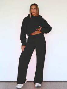 秋冬休闲纯色卫衣两件套，带帽口袋上衣搭配松紧腰抽绳直筒裤，两件套。黑色套装 - 黑色 - 查看 5