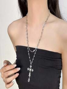 1pc Women's Gothic Style Silver-Tone Cross Pendant Necklace With Micro-Inlaid Crystal Teardrop, Suitable For Various Occasions Such As Religious Ceremonies, Birthdays, Anniversaries, And Daily Wear