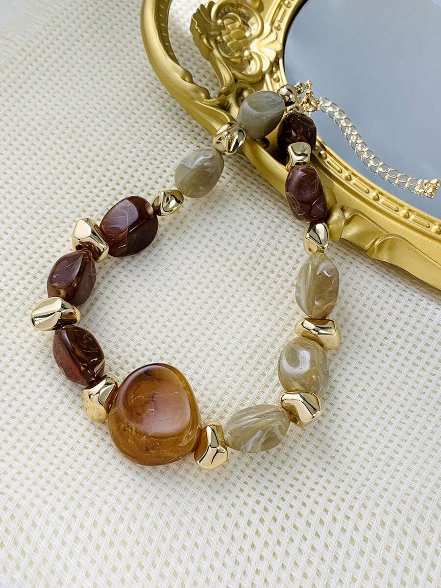 1pc Fashionable Retro Exaggerated Bohemian Style Thick Brown Acrylic Beaded Necklace, Suitable For Women, Couples, Parties, Daily Wear, Luxury & High-End - Multicolor a - View 1