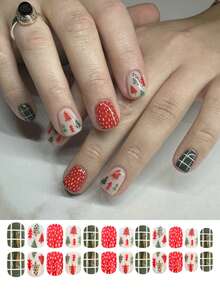 24 قطعة أظافر قصيرة للضغط عليها، أظافر عيد الميلاد الملونة بشكل شجرة عيد الميلاد، أظافر مستعارة مناسبة للارتداء اليومي، لوازم الأظافر