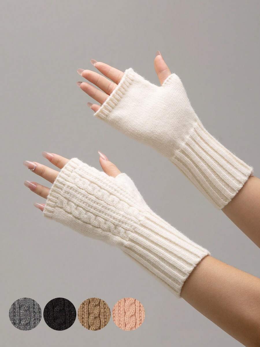 2 Paar einfarbige Stoff-Fingerlose Handschuhe, warme offene Finger Halbfäustlinge für Schule, Zuhause, Alltag, Outdoor im Winter, Büro, Tippen, Schreiben, Handynutzung, einfach & vielseitig, lange gestrickte Manschette