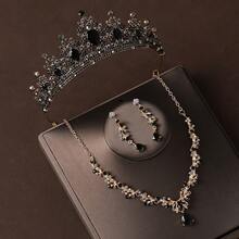 4pcs Black Bridal Crown, Necklace, Earrings Jewelry Set, Elegant Wedding Party Accessories