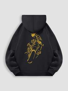 Men's Black Hoodie, Street Style Motorcycle Rider Graphic Print Design, Warm Loose Fit Hooded Sweatshirt, Versatile Street Wear - Black - View 5