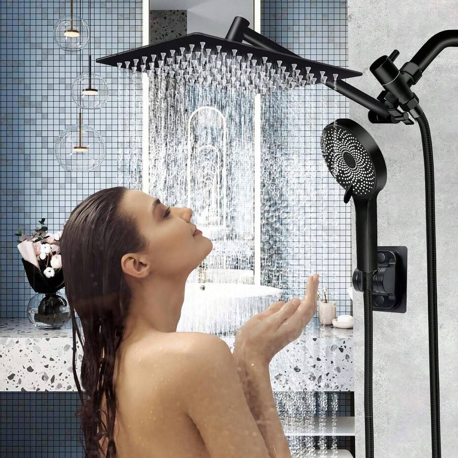 Matte Black Shower Head Combination Set, Including 10 Inch Square Overhead Shower Head, Three-Function Hand Shower , With ABS Angle Adjustable Extension Arm And 60 Inch Extra-Long Hose, Three-Way Water Diverter, Suitable For Bathrooms, B & Bs And Hotels, Summer Home Bathroom Decoration,Bathroom Accessories,Shower Stuff - 霧面黑色-10寸 - 查看 1